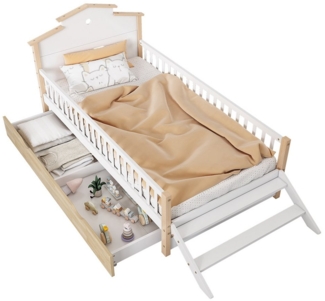 Sweiko Kinderbett Flachbetten Holzbetten (Mit Fallschutz und Gitter Mit Seitenleiter, Einzigartiges Dachdesign,Heranwachsende und Erwachsene, Rahmen aus Kiefer, Kiefer+MDF, Weiß+Natur), 90x200cm,ohne Matratze