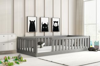 Interbeds Kinderbett Bella 190x90 grau mit Rausfallschutz & Lattenrost Bodenbett aus Holz Einzelbett Montessori Bed Gitterbett Kleinkindbett bis 120 kg Kiefer Holz massiv Junge Mädchen (grau, 190x90)