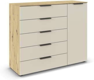 Rauch Möbel Flipp, Kommode für Schlafzimmer, Kinderzimmer, Wohnzimmer, Jugendzimmer, Flur, Garderobe, 1-türig, 5 Schubladen, mit Softclose-Funktion, Farbe Eiche Artisan, Holz/Beige, Breite 120 cm