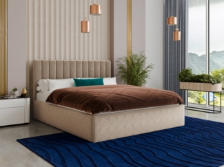 Polsterbett OVO - Bettkasten mit Gasdruckfedern - Doppelbett mit Lattenrost, Bett mit Polsterkopfteil, Bettgestell, Schlafzimmer, Velvet Stoff (Beige (Paros 02), 180 x 200 cm)