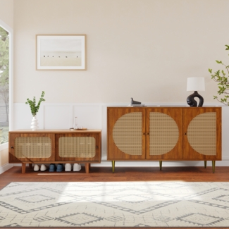 Rattan-Sideboard-Set für Wohnzimmer – elegante Kombination aus Rattan-Kommode und Schuhschrank in Walnussfarben