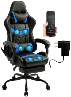 Delman Gaming Stuhl Bürostuhl Gaming Chair Bürosessel Massagefunktion mit 6 Vibirationspunkten Fußablage Metallische Fußkreuz Ergonomische Stuhl 37 Blau