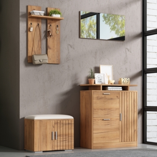 Flurschrank mit Sitzbank Spiegel & Kleiderhaken 140 cm Natur Holzoptik Schuhschrank Garderobe All-in-One Aufbewahrung