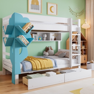 Merax Etagenbett 90x200cm , Kreatives Kinderbett, Bücherregal in Baumform, Offenes Regal, Zwei Schubladen mit Rollen, Mit Fallschutzgitter, Reichlich Stauraum, Kiefer+MDF, Weiß+Blau
