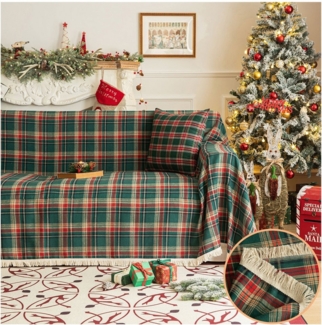 Jibenhome Sofaschoner Sofaschoner Sofahusse WeihnachtsKariert Sofadecke und Dekokissen, Weihnachtskarierte Weich Wohndecke mit Quasten und Kissenbezug