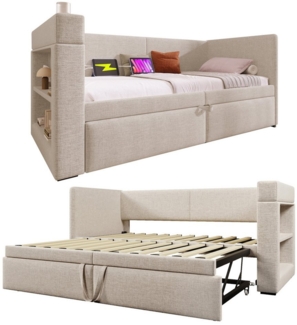 REDOM Polsterbett mit ausziehbarem Bett, Leinen-Baumwoll-Material (Daybett, Schlafsofa mit Ausziehbett, Leinen-Mischgewebe, 90x200 cm, ohne Matratze), mit Armlehnen, mit USB- & Type-C-Ladeanschluss und Getränkehalter