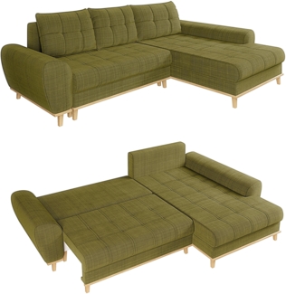 ECKSOFA im Scandi-Stil mit Schlaffunktion und Bettkasten B268/T175/H86 cm, Bouclé Chenille Stoff in Grün