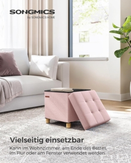 Songmics Sitzhocker mit Stauraum, kleine klappbare Sitzbank, 38 x 38 cm Fußbank, Aufbewahrungsbox, bis 300 kg belastbar, für Wohnzimmer Schlafzimmer Schlafsaal, Rosa