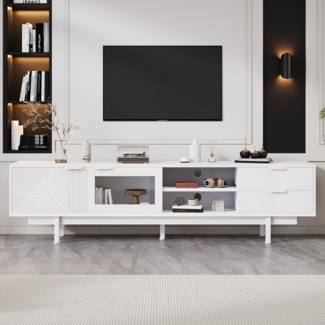 TV-Schrank Weiß 200x40x50,5 cm, modernes Lowboard für 80-Zoll Fernseher, Sideboard mit 2 Türen 2 Schubladen, 3-Schicht-Ablage