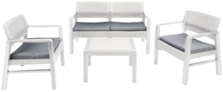 Dmora Outdoor-Lounge-Set Agnelo, Gartenkomposition mit 2 Sesseln, 1 Sofa und 1 Couchtisch, Lounge in Rattan-Optik mit Kissen, 100 % Made in Italy, Weiß