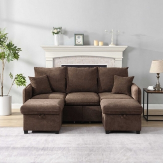 BlingBin Ecksofa Multifunktionales 3-Sitzer Sofa mit 2 Staufußhockern, 1 Teile, mit großem Stauraum, abgerundeten Kanten und 500 kg Tragkraft
