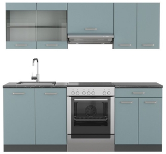 Vicco Küchenzeile R-Line, Blau-Grau/Anthrazit, 200 cm, AP Anthrazit