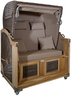Strandkorb Teak beige uni Stoff 2 Sitzer Voll-Liegemodell