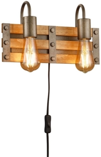 LED Wandlampe 2flammig, Holz & Metall mit Schalter und Stecker, Breite 35cm