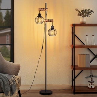 ZMH Stehlampe Wohnzimmer 2 Flammig 151CM Holz Retro Standleuchte Schlafzimmer, Einfache Installation, ohne Leuchtmittel, Standleuchte inkl. Schalter - Schwarz Schlafzimmer Flur
