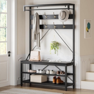 GarveeMore Garderobenständer 4-in-1 mit Sitzbank,3 Etagen Ablage und 8 Haken,183cm, mit Schuhbank,verstellbare Füße,Kleiderstange,101x40x183cm