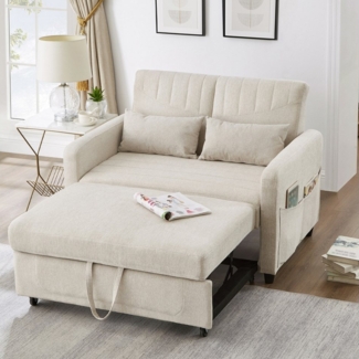 Merax Schlafsofa mit Schlaffunktion, Zweisitzer-Klappsofa, Baumwoll-Leinen-Stoff 1 Teile, Ausziehbares Sofabett mit 3-stufig verstellbarer Rückenlehne & Kissen