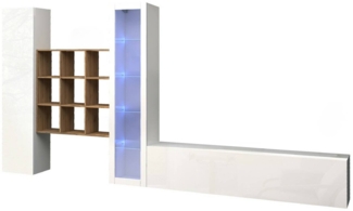 Dmora Ausgestattete Wand Arizzano, 3-türiges TV-Ständer-Wohnzimmerset, Mehrzweck-Wohnzimmermöbel mit Vitrine und LED-Licht, 100 % Made in Italy, 310 x 30 x 180 cm, glänzendes Weiß und Ahorn,