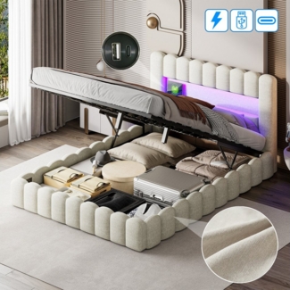 FUROKOY Polsterbett LED bett mit kopfteil mit usb typ-c ladefunktion,Bodenbett (Stauraumbett, Polsterbett), Leinen Jugendbett Stumpfförmiges Bett
