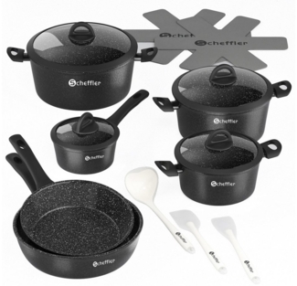 Scheffler Topf-Set Topf-Set 15tlg Antihaft Kochgeschirr-Set mit Zubehör und Glasdeckeln, Aluminiumguss (15-tlg, Topfset,3xKochtopf,1xSoßentopf,2xBratpfanne,4xGlasdeckel,5xZubehör), Antihaft-Beschichtung