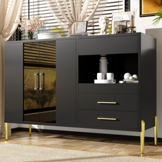 Aufbewahrungsschrank Schwarz mit Spiegelglastüren und goldenen Beinen, Sideboard Kommode mit 2 Türen, 3 Schubladen, 1 offenem Fach
