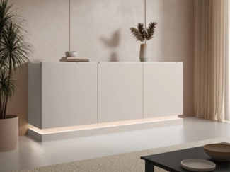 Vente-unique - Sideboard mit 3 Türen - Mit LED-Beleuchtung - MDF - Beige & weiße Marmor-Optik - DEVIKA von Pascal MORABITO