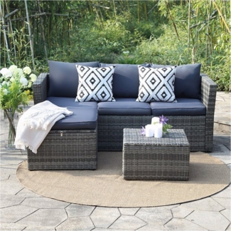 HTI-Living Garten-Essgruppe Outdoor Möbel Matze Blau, (Set, 3-tlg, 1x Sofa, 1x Hocker, 1x Beistelltisch inkl. 3 Rücken- und 4 Sitzkissen), Loungemöbel Gartenmöbel