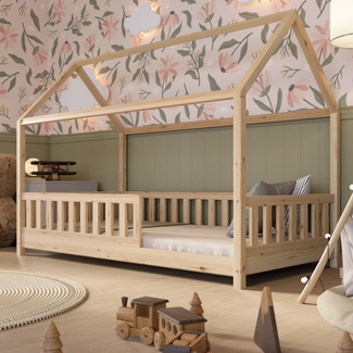 Crazy Pine 'Crazy Blanco' Hausbett mit Rausfallschutz, Skandinavisches Design, Naturholz, Natur, 90x190 cm, mit Höhenverstellbaren Beinen