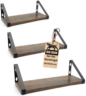 BigDean 3er Set Wandregal Wall Shelf 2 Montagemöglichkeiten 30/35/40 cm Regal Wand Regalbrett Regale für Wände Wand Regale Vintage Optik braun/schwarz