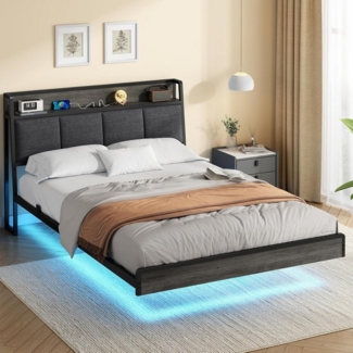 MSMASK Polsterbett Metallbettgestell mit USB Ladefunktion, LED-Beleuchtung, Dunkelgrau, mit USB Ladefunktion,LED-Beleuchtung,Dunkelgrau