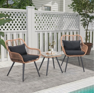 JOIVI Balkonset Bistro-Set, Gartenmöbel-Set, Balkonmöbel-Set für 2 Personen, (aus handgewebten Rattan, Beistelltisch mit Glastischplatte), 2er Korbsessel für Balkon, Garten Beige Rattan & Schwarz Kissen