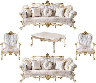 Casa Padrino Luxus Barock Wohnzimmer Set Weiß / Braun / Weiß / Beige / Gold - 2 Barock Sofas & 2 Barock Sessel & 1 Barock Couchtisch - Luxus Wohnzimmer Möbel im Barockstil - Barock Möbel