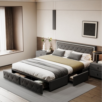 Gdood Polsterbett Stauraumbett LED Doppelbett (Verstellbare Kopfteilhöhe), Gepolstertes Kopfteil, Mit LED-Beleuchtung, Stauraum, PU, 160x200 cm