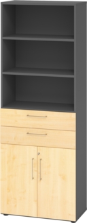 bümö Aktenregal & Schrank abschließbar, Büroschrank Regal & Schubladen Kombination Holz 80cm breit in Weiß/Beton - Schrank für's Büro & Arbeitszimmer, Büro Möbel Ordnerschrank, 968K2-G-3-BS