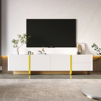 Merax 190 cm TV-Schrank, 3 Türen, 2 Schubladen, Weiß mit Gold und Holzmaserung, Weiß + Gold