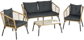 Flieks Gartenmöbel Set 4-tlg mit 1 Zweisitzer, 2 Stühlen, Couchtisch & Kissen, Outdoor Balkonmöbel Set für 4 Personen, Rattan, Schwarz