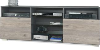 TV-Board Granada, Lowboard mit 2 Türen und 6 offenen Fächern, Korpus Anthrazit matt, Fronten in Eiche Nordic (146 x 54 x 35 cm)