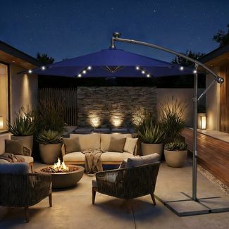 Songmics Sonnenschirm mit LED-Solar-Beleuchtung und Ständer, UPF 50+, Stahl Marineblau, Ø 300 cm