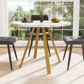 Esstisch 80×80×75 cm, pflegeleichte Tischplatte Marmoroptik, stabile Eisenbeine, multifunktional als Ess-, 75cmx80cmx80cm, Weiß+Gold