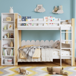 Merax Etagenbett, 90x200cm Kinderbett mit Fallschutz und Gitter, mit 4-stufiger Leiter, 6 offenen Regalen, Kleiderschrank seitlich, Reichlich Stauraum, Kiefer+PB, Weiß+Natur