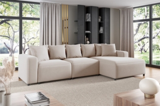 Ecksofa Designersofa Sofa MEGAN in Stoff Salvador Hellbeige Ottomane Rechts