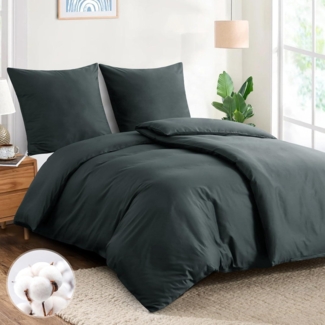 Bettwäsche 135x200 4tlg Grau Baumwolle Bettbezug Anthrazit Reißverschluss
