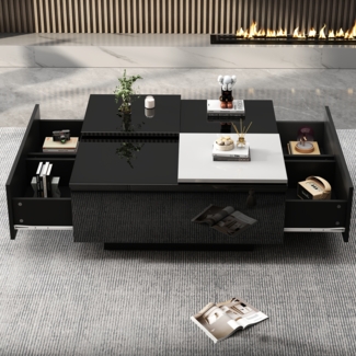 Couchtisch 75x75x33,5 cm, schwarzer Hochglanz mit weißem Kontrast, Holzmaserung, 4 versteckte Schubladen