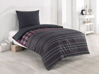 Buymax Bettwäsche Bettbezug Set, Renforcé, 2 teilig, 135x200 cm 100% Baumwolle Reißverschluss gestreift Antrazit Grau Rot