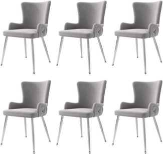 Merax Samt-Esszimmerstuhl, 6er-Set, luxuriöser Wohnzimmer-Schlafzimmer-Loungesessel mit vier silberfarbenen Metallstützbeinen, hellgrau