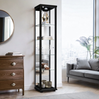 K-Möbel Sammlervitrine (176x37x33cm) - Made in Germany - Vitrinenschrank Schwarz mit 4 höhenverstellbaren Glasböden, Spiegel, Schloss & LED - Glasvitrine Stehend - Display Cabinet