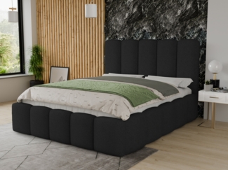 Polsterbett Aura - Bettkasten mit Gasdruckfedern - Doppelbett mit Lattenrost, Bett mit Polsterkopfteil, Bettgestell, Schlafzimmer, Bouclé-Stoff (160x200 cm, Schwarz (Coral 60))