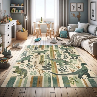 Abakuhaus Teppich Dekorativer Teppich für Wohnzimmer und Schlafzimmer, rechteckig, Dinosaurier Blätter Jurassic Tiere