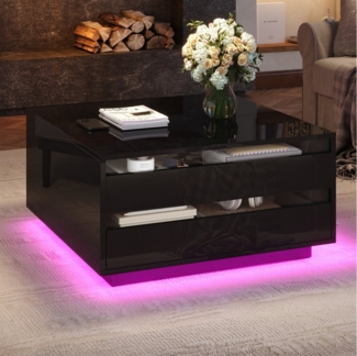 MODFU Couchtisch Höhenverstellbarer Couchtisch 70x70x38 cm (Satztisch, Sofatisch, 1-St, 1 Schublade, 1 hochklappbaren Türen), Hochglanz-Beistelltisch mit LED-Lichtleiste und verstecktem Stauraum