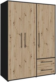 Forte MOKKARIS Kleiderschrank 140 150, moderner Drehtürenschrank, 3-türig, 2 Schubladen, Holzwerkstoff, Schwarz mit Artisan Eiche Holzdekor, 144,4 cm breit x 200,1 cm hoch x 58,8 cm tief